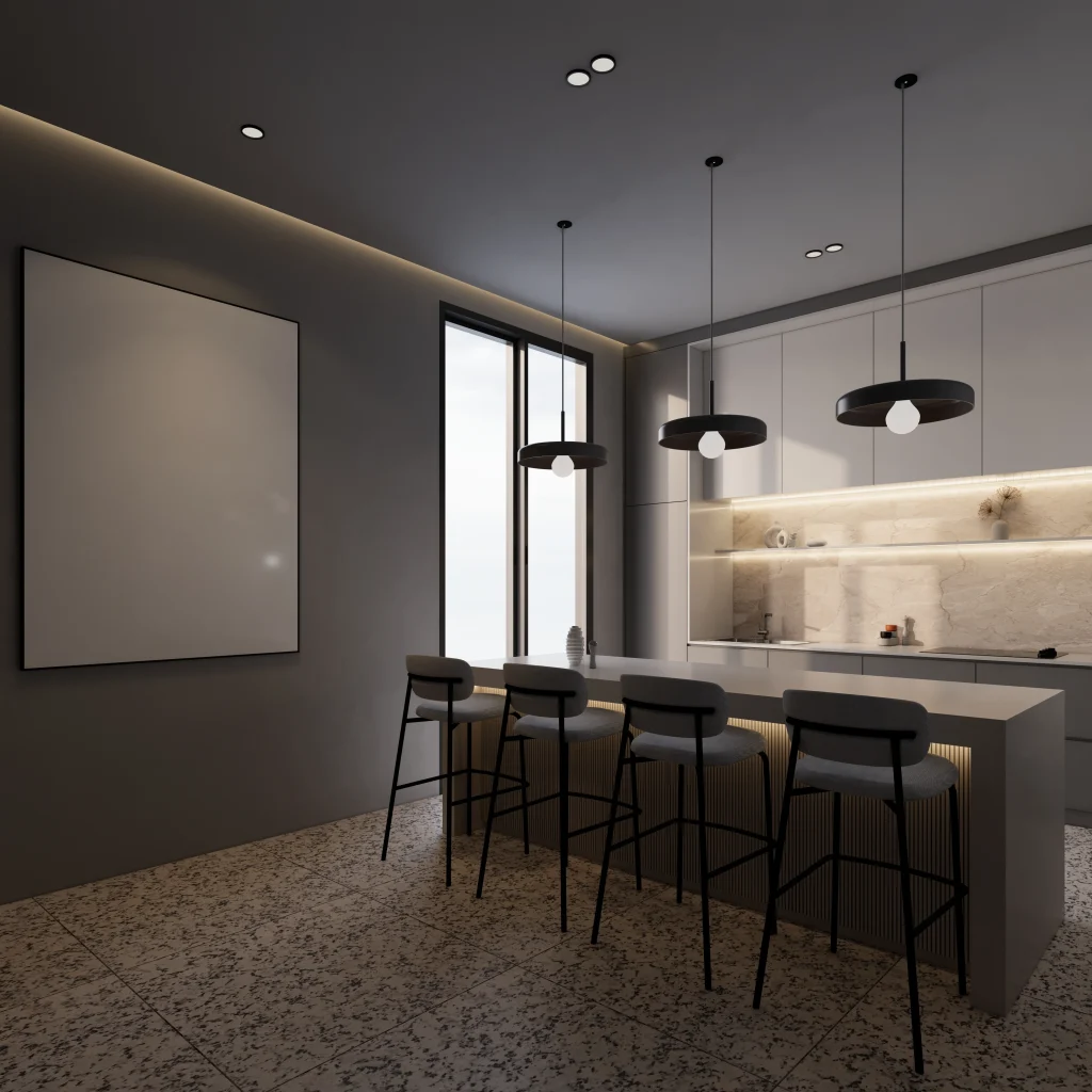 3D illustration of a modern kitchen featuring recessed downlights and pendant lighting above a marble kitchen island bench