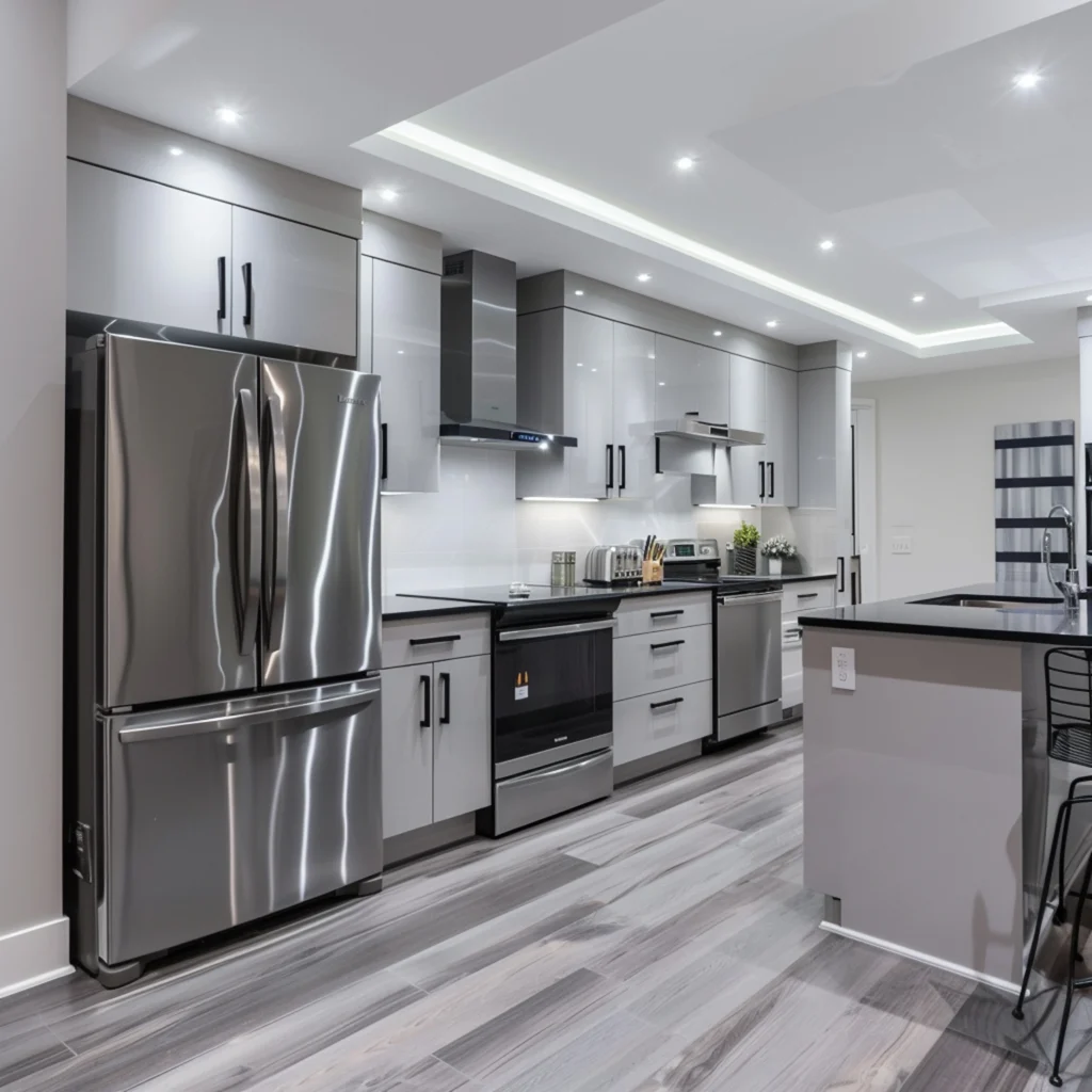 Renovated Melbourne kitchen interior featuring recessed downlights, LED strip lighting and stainless steel appliances with grey gloss cabinetry