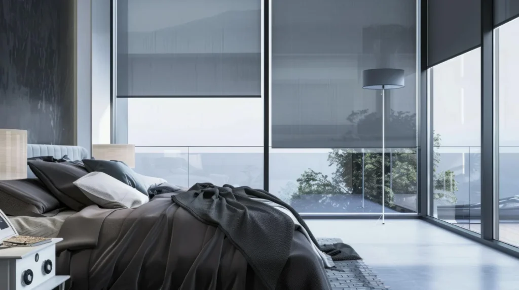 Smart motorised roller blinds installed on floor-to-ceiling bedroom windows in a modern home